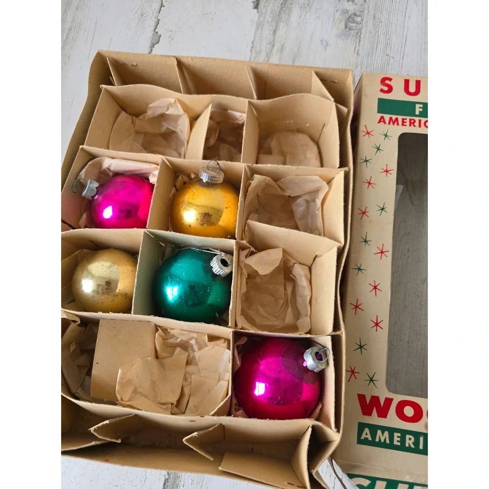 Vintage shiny Bright solid ball ornament set box Woolworth Xmas tree Pink green